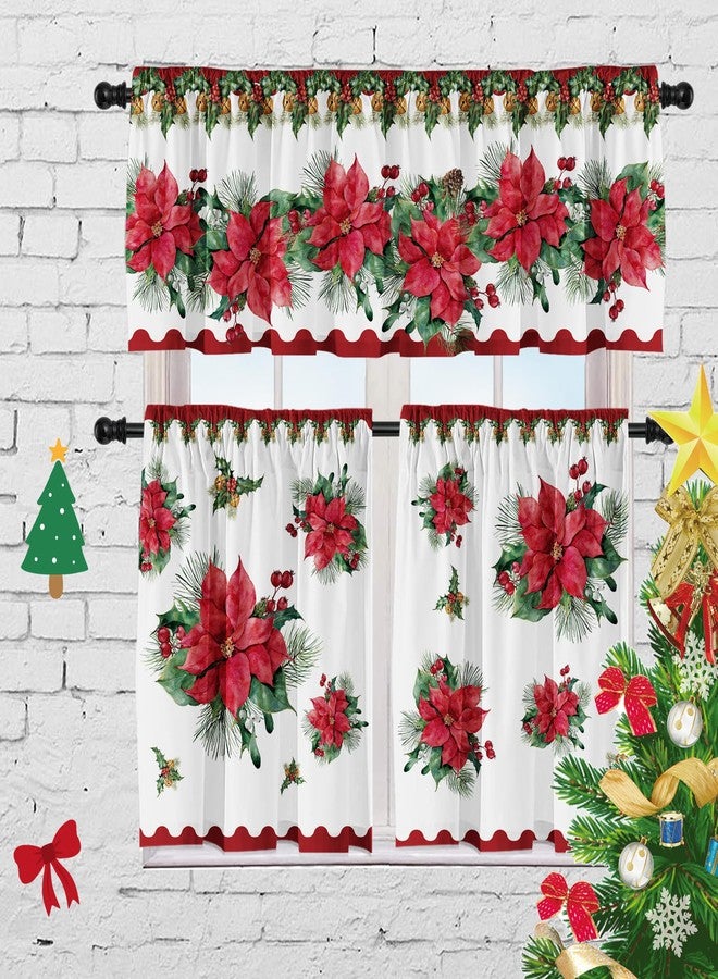 Cuteiush 3Pc Christmas Poinsettia Kitchen Curtain Valances and Tiers Set for Kitchen Bedroom Window Decor, 52x18 & 27x24Inchesx2 Red and Green - Image 1